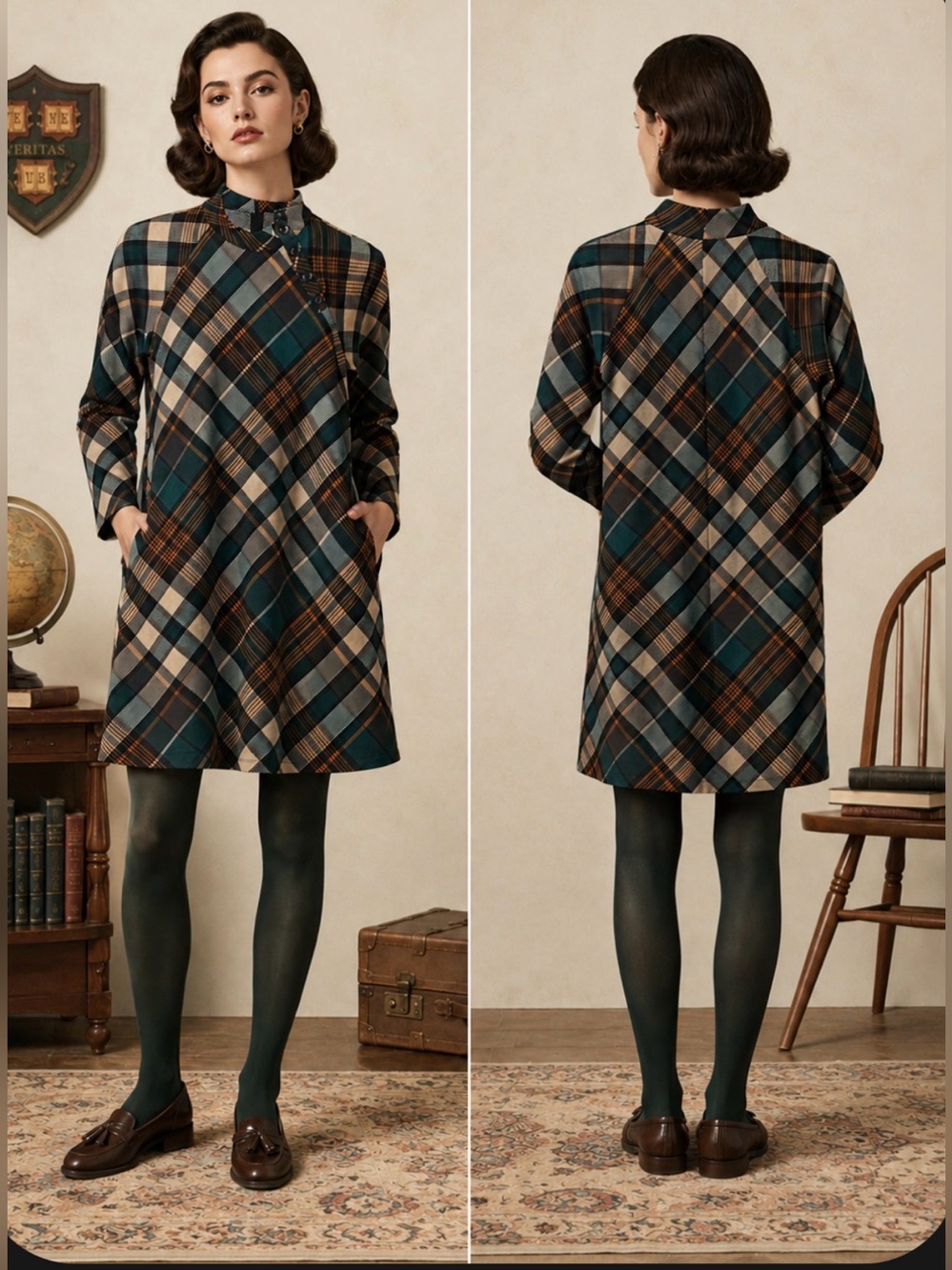 Jessica Howard Green Plaid Modern VTG Long-Sleeve Preppy 90’s Grunge Dress Small